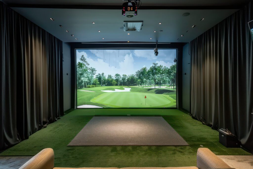 High-tech indoor golf simulator setup with realistic course visuals.