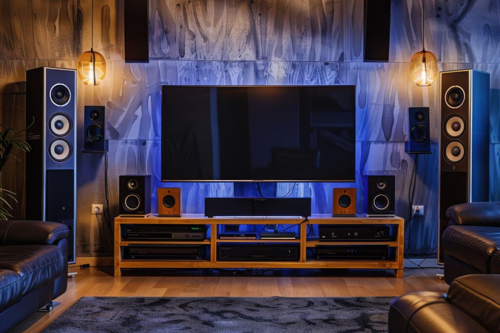 Modern home theater setup with high-end audio system.